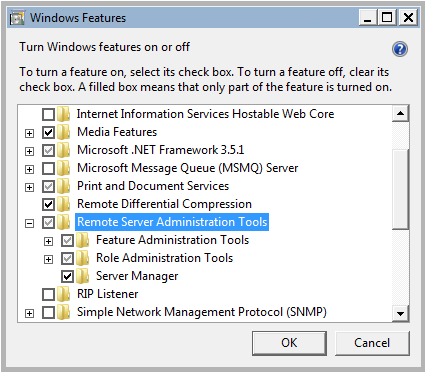 A screenshot of the Windows 7 ’turn Windows features on or off’ dialog with the Remote Server Administration Tools highlighted