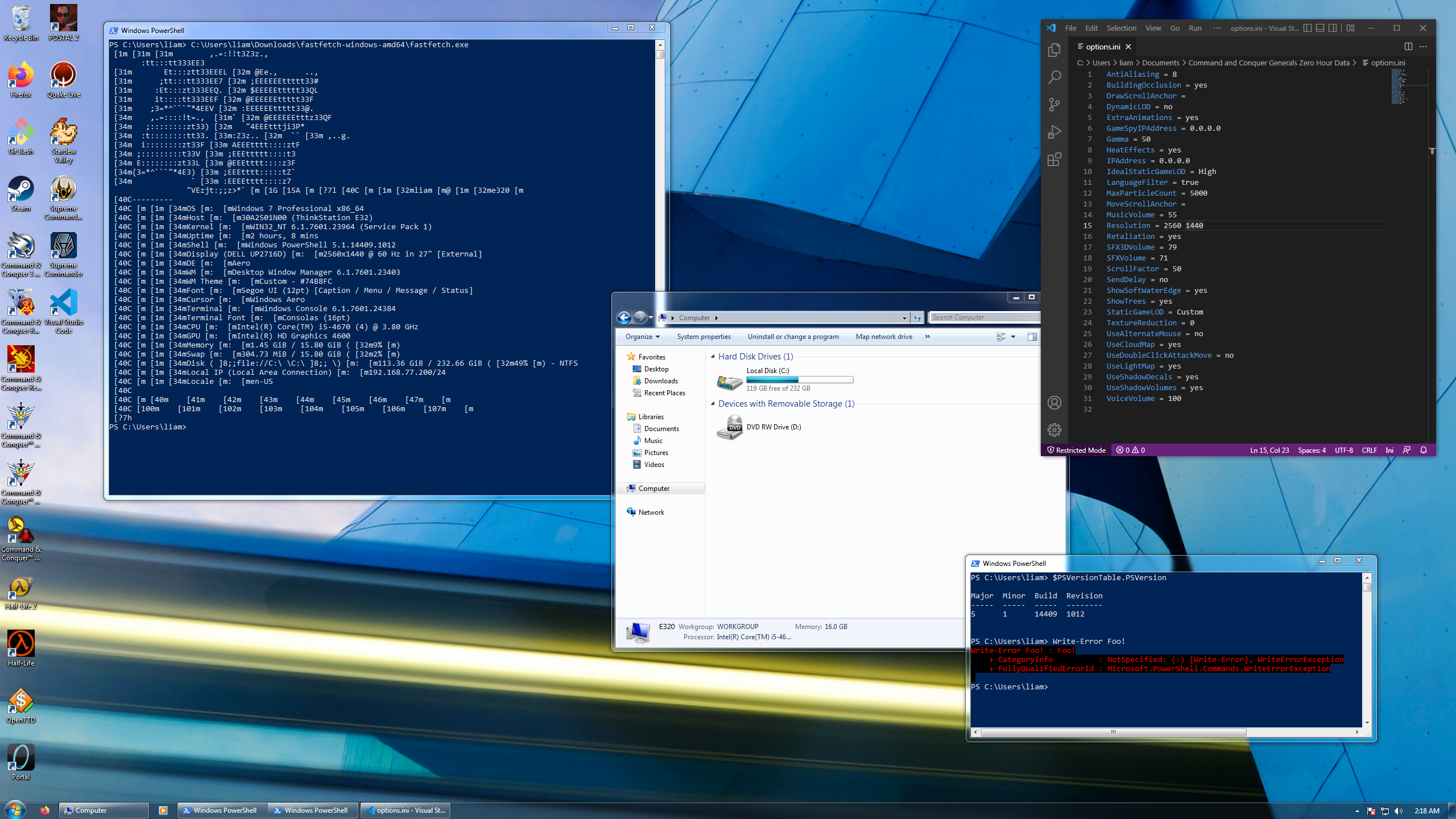 Windows 7 desktop screenshot showing a broken fastfetch, older VSCode build, and PowerShell command hosts